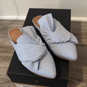 Halogen Blue and White Striped Pointed-Toe Knot Mules